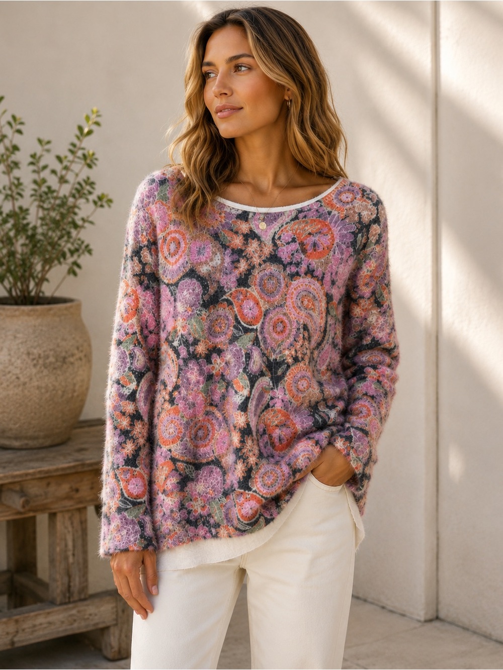 NWT Natural Life XL Fuzzy Floral Paisley Oversized Sweater Boho